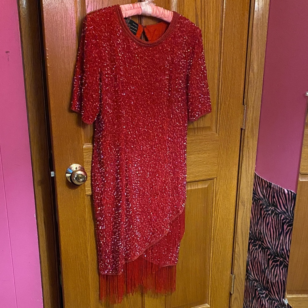 Precious Moments Red Vintage 80’s Hand Beaded Sequin Dress With Fringe